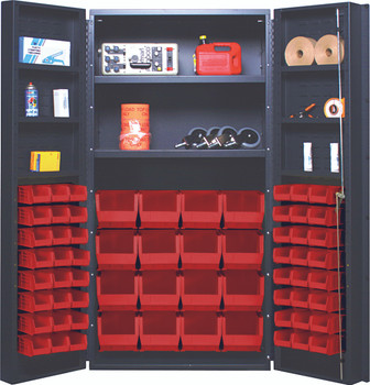 Heavy-Duty 36" Bin Cabinet, 36"W x 24"D x 72"H, 800 lb. capacity per interior shelf and 60 lb. capacity per door shelf, Gray, Red, Carbon Steel, QSC-64-2S-6DSRD