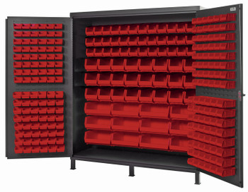 Heavy-Duty 72" Bin Cabinet, 72"W x 24"D x 84"H, 14 gauge all welded construction, Gray, Red, Carbon Steel, QSC-72-136RD