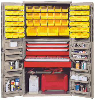 Heavy-Duty 36" Bin Cabinet, 36"W x 24"D x 72"H, 800 lb. capacity per interior shelf and 60 lb. capacity per door shelf, Beige, Yellow, Carbon Steel, QSC-BG-3672-4DYL