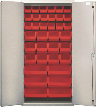 Heavy-Duty 36" Bin Cabinet, 36"W x 18"D x 72"H, 14 gauge all welded construction, Beige, Red, Carbon Steel, QSC-BG-36-FDRD