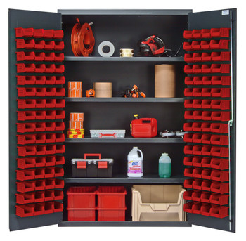 Heavy-Duty 48" Bin Cabinet, 48"W x 24"D x 78"H, 400 lb. capacity per interior shelf, Beige, Red, Carbon Steel, QSC-BG-4803RD