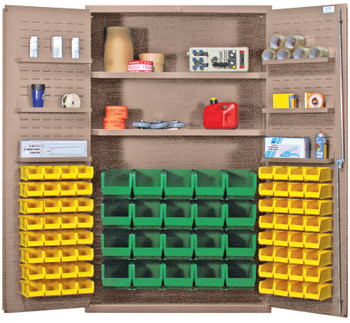 Heavy-Duty 48" Bin Cabinet, 48"W x 24"D x 78"H, 400 lb. capacity per interior and 60 lb. per door shelf, Beige, Red, Carbon Steel, QSC-BG-4804RD
