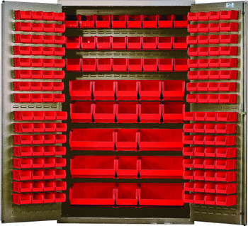 Heavy-Duty 48" Bin Cabinet, 48"W x 24"D x 78"H, 14 gauge all welded construction, Beige, Red, Carbon Steel, QSC-BG-48RD