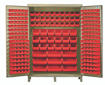 Heavy-Duty 60" Bin Cabinet, 60"W x 24"D x 84"H, 14 gauge all welded construction, Beige, Red, Carbon Steel, QSC-BG-60RD