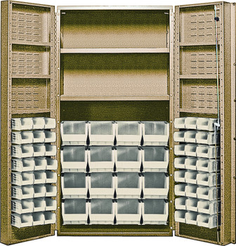Heavy-Duty 36" Bin Cabinet, 36"W x 24"D x 72"H, 800 lb. capacity per interior shelf and 60 lb. capacity per door shelf, Beige, Clear, Carbon Steel, QSC-BG-64-2S-6DSCL