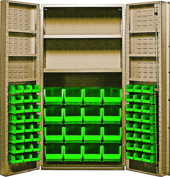 Heavy-Duty 36" Bin Cabinet, 36"W x 24"D x 72"H, 800 lb. capacity per interior shelf and 60 lb. capacity per door shelf, Beige, Green, Carbon Steel, QSC-BG-64-2S-6DSGN