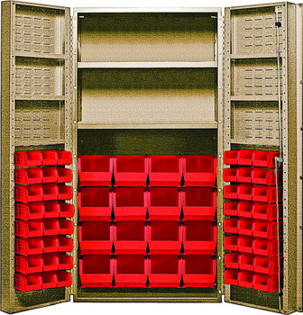 Heavy-Duty 36" Bin Cabinet, 36"W x 24"D x 72"H, 800 lb. capacity per interior shelf and 60 lb. capacity per door shelf, Beige, Red, Carbon Steel, QSC-BG-64-2S-6DSRD