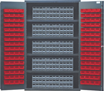 Heavy-Duty 48" Bin Cabinet, interlocking drawer storage, 48"W x 24"D x 78"H, Beige, Red, Carbon Steel, QSC-BG-QIC122RD