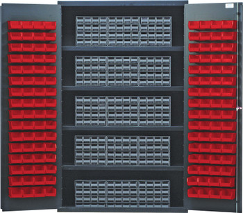 Heavy-Duty 48" Bin Cabinet, interlocking drawer storage, 48"W x 24"D x 78"H, Gray, Red, Carbon Steel, QSC-QIC161RD