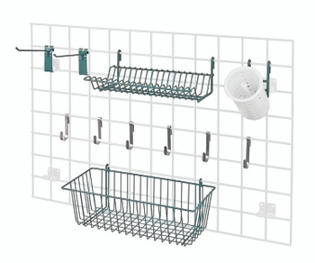 Store Grid Accessory Pack, includes: (1) 17"W x 7"D x 5"H basket, (1) lid holder drying rack, Epoxy Coated, Green, 0, Carbon Steel, SG-A1