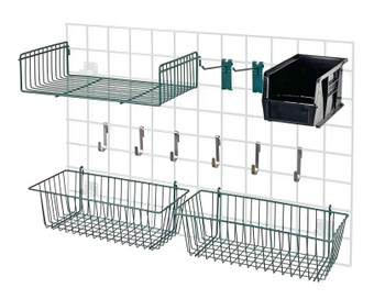 Store Grid Accessory Pack 1, includes: (2) 17"L x 7"W x 5"H basket, (1) 18"W x 9"D small shelf, Epoxy Coated, Green, Black, Carbon Steel, SG-A2BK