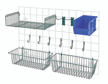 Store Grid Accessory Pack 1, includes: (2) 17"L x 7"W x 5"H basket, (1) 18"W x 9"D small shelf, Epoxy Coated, Green, Blue, Carbon Steel, SG-A2BL