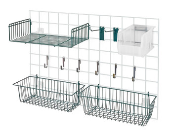 Store Grid Accessory Pack, includes: (2) 17"W x 7"D x 5"H baskets, (1) 18"W x 9"D small shelf, Epoxy Coated, Green, Clear, Carbon Steel, SG-A2CL