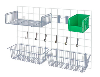 Store Grid Accessory Pack 1, includes: (2) 17"L x 7"W x 5"H basket, (1) 9"W x 18"L small shelf, Epoxy Coated, Gray, Green, Carbon Steel, SG-A2GYGN
