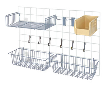 Store Grid Accessory Pack 1, includes: (2) 17"L x 7"W x 5"H basket, (1) 9"W x 18"L small shelf, Epoxy Coated, Gray, Ivory, Carbon Steel, SG-A2GYIV