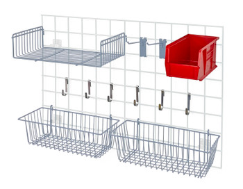 Store Grid Accessory Pack 1, includes: (2) 17"L x 7"W x 5"H basket, (1) 9"W x 18"L small shelf, Epoxy Coated, Gray, Red, Carbon Steel, SG-A2GYRD