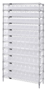 Bin Wire Shelving System, 36"W x 12"D x 74"H overall size, 800 lb. capacity per shelf, Chrome, Clear, Carbon Steel, WR12-101CL