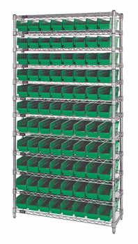 Bin Wire Shelving System, 36"W x 12"D x 74"H overall size, 800 lb. capacity per shelf, Chrome, Green, Carbon Steel, WR12-101GN