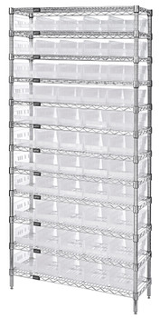 Bin Wire Shelving System, 36"W x 12"D x 74"H overall size, 800 lb. capacity per shelf, Chrome, Clear, Carbon Steel, WR12-102CL