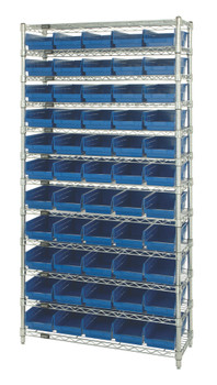 Bin Wire Shelving System, conductive, 36"W x 12"D x 74"H overall size, Chrome, Black, Carbon Steel, WR12-102CO