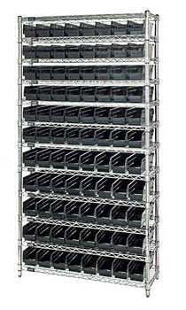 Bin Wire Shelving System, conductive, 36"W x 18"D x 74"H overall size, Chrome, Black, Carbon Steel, WR12-103CO