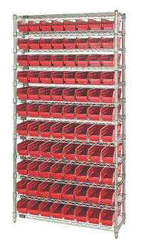 Bin Wire Shelving System, 36"W x 18"D x 74"H overall size, 800 lb. capacity per shelf, Chrome, Red, Carbon Steel, WR12-103RD
