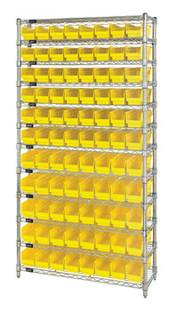 Bin Wire Shelving System, 36"W x 18"D x 74"H overall size, 800 lb. capacity per shelf, Chrome, Yellow, Carbon Steel, WR12-103YL