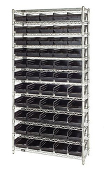 Bin Wire Shelving System, conductive, 36"W x 18"D x 74"H overall size, Chrome, Black, Carbon Steel, WR12-104CO