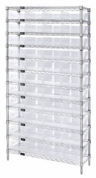 Bin Wire Shelving System, 36"W x 12"D x 74"H overall size, 800 lb. capacity per shelf, Chrome, Clear, Carbon Steel, WR12-107CL