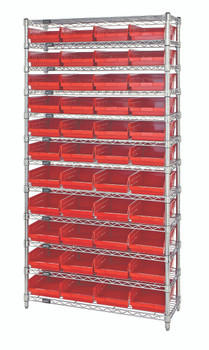 Bin Wire Shelving System, 36"W x 12"D x 74"H overall size, 800 lb. capacity per shelf, Chrome, Red, Carbon Steel, WR12-107RD