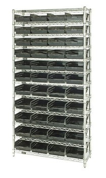 Bin Wire Shelving System, conductive, 36"W x 18"D x 74"H overall size, Chrome, Black, Carbon Steel, WR12-108CO