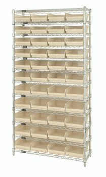 Bin Wire Shelving System, 36"W x 18"D x 74"H overall size, 800 lb. capacity per shelf, Chrome, Ivory, Carbon Steel, WR12-108IV