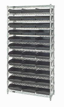 Bin Wire Shelving System, conductive, 36"W x 12"D x 74"H overall size, Chrome, Black, Carbon Steel, WR12-109CO