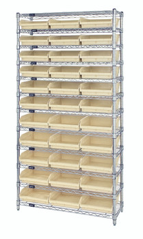 Bin Wire Shelving System, 36"W x 18"D x 74"H overall size, 800 lb. capacity per shelf, Chrome, Ivory, Carbon Steel, WR12-110IV