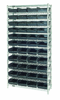 Bin Wire Shelving System, 36"W x 24"D x 74"H overall size, 800 lb. capacity per shelf, Chrome, Black, Carbon Steel, WR12-114BK