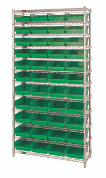 Bin Wire Shelving System, 36"W x 24"D x 74"H overall size, 800 lb. capacity per shelf, Chrome, Green, Carbon Steel, WR12-114GN