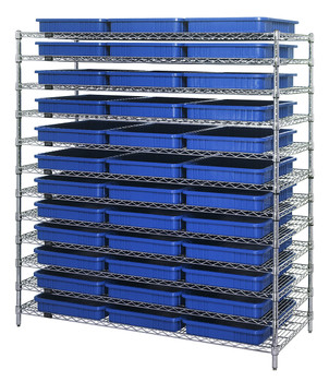 Bin Wire Shelving System, 60"L x 24"D x 63"H, 800 lbs load capacity per shelf, Chrome, Blue, Carbon Steel, WR12-93030BL