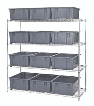 Bin Wire Shelving System, 66"L x 24"D x 63"H, 800 lbs load capacity per shelf, Chrome, Gray, Carbon Steel, WR4-12225GY