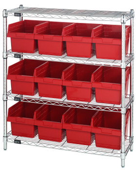 Bin Wire Shelving Center, 12"D x 36"W x 39"H, 800 lbs capacity per shelf, Chrome, Red, Carbon Steel, WR4-39-1236-807RD