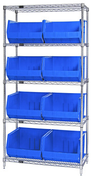 Bin Wire Shelving System, 42"L x 18"W x 74"H, 800 lbs capacity per shelf, Chrome, Blue, Carbon Steel, WR5-270BL