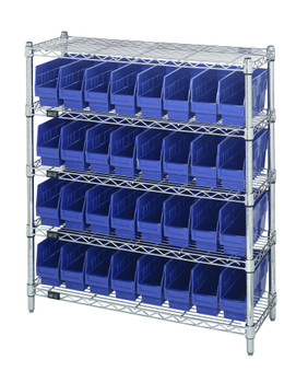 Bin Wire Shelving Center, 12"D x 36"W x 39"H, 800 lbs capacity per shelf, Chrome, Blue, Carbon Steel, WR5-39-1236-201BL