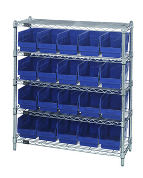 Bin Wire Shelving Center, 12"D x 36"W x 39"H, 800 lbs capacity per shelf, Chrome, Blue, Carbon Steel, WR5-39-1236-202BL