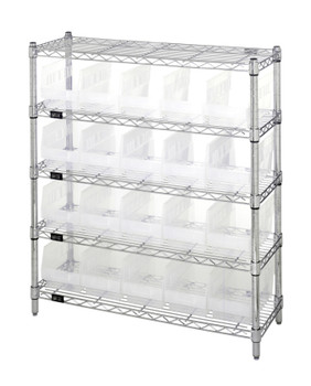 Bin Wire Shelving Center, 12"D x 36"W x 39"H, 800 lbs capacity per shelf, Chrome, Clear, Carbon Steel, WR5-39-1236-202CL