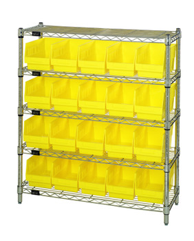 Bin Wire Shelving Center, 12"D x 36"W x 39"H, 800 lbs capacity per shelf, Chrome, Yellow, Carbon Steel, WR5-39-1236-202YL