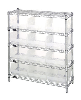 Bin Wire Shelving Center, 12"D x 36"W x 39"H, 800 lbs capacity per shelf, Chrome, Clear, Carbon Steel, WR5-39-1236-209CL