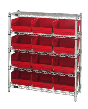 Bin Wire Shelving Center, 12"D x 36"W x 39"H, 800 lbs capacity per shelf, Chrome, Red, Carbon Steel, WR5-39-1236-209RD