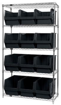 Bin Wire Shelving System, 42"W x 18"D x 74"H, 800 lbs load capacity per shelf, Chrome, Black, Carbon Steel, WR5-533BK