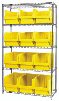 Bin Wire Shelving System, 42"W x 18"D x 74"H, 800 lbs load capacity per shelf, Chrome, Yellow, Carbon Steel, WR5-533YL