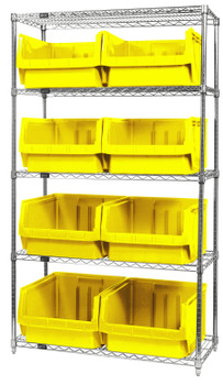 Bin Wire Shelving System, 42"W x 18"D x 74"H, 800 lbs load capacity per shelf, Chrome, Yellow, Carbon Steel, WR5-543YL