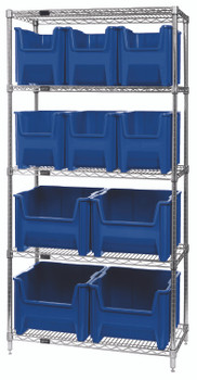 Bin Wire Shelving System, 36"W x 18"D x 74"H, 800 lbs load capacity per shelf, Chrome, Blue, Carbon Steel, WR5-600800BL